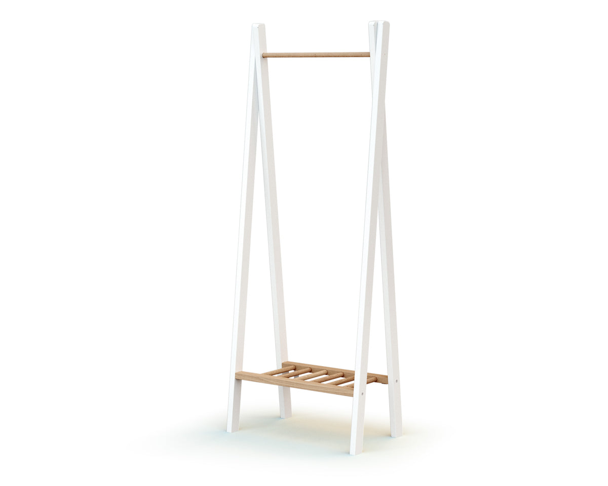 Children's clothes rack in white wood and raw beech