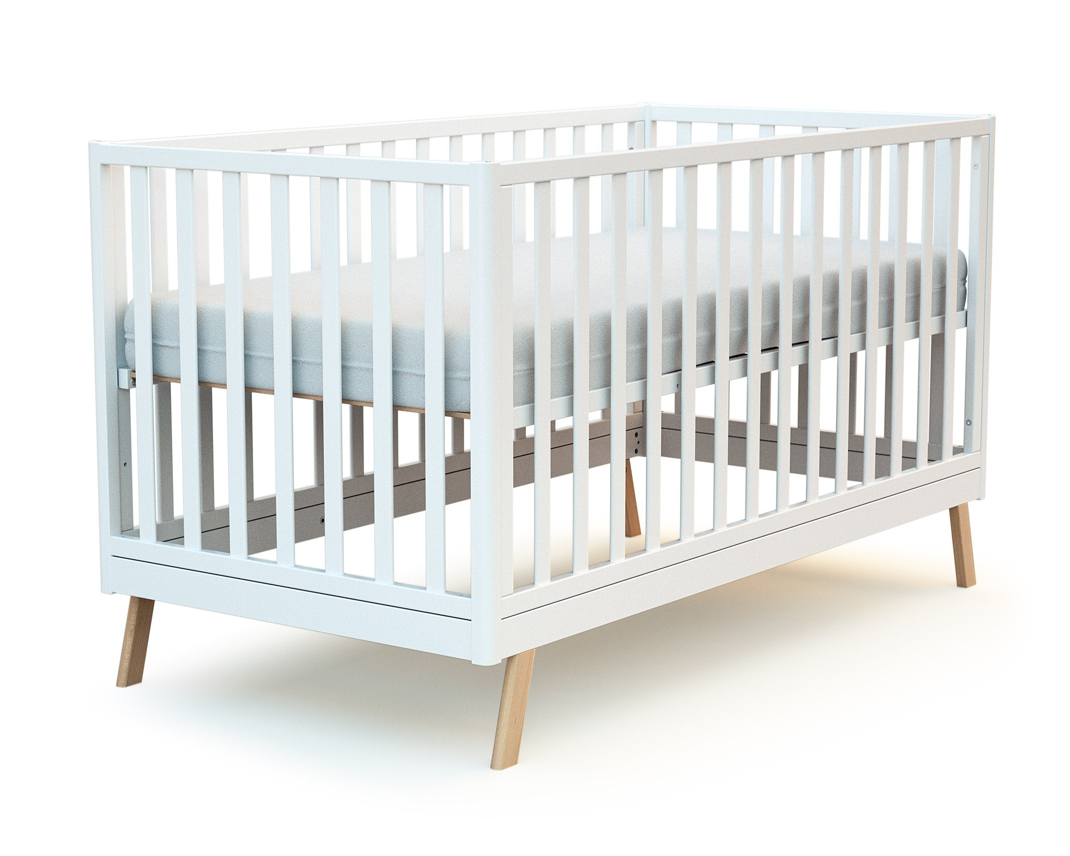 White wooden crib bed 70 x 140 cm