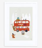 LONDON - Children's poster - London bus and animals