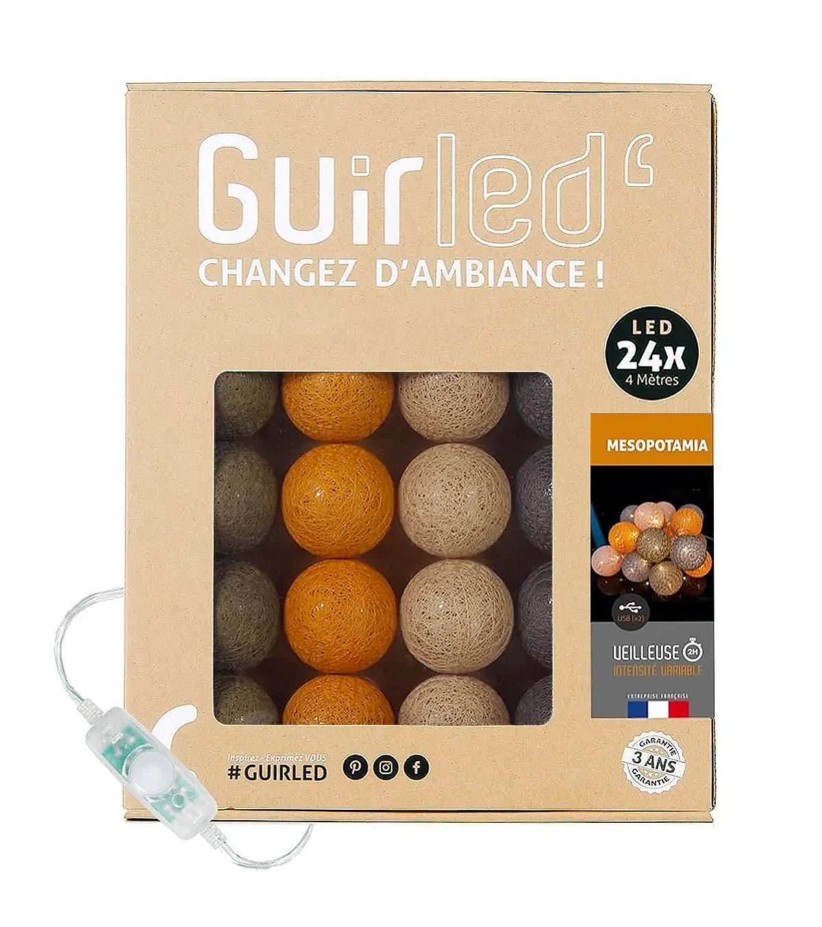 Lighting garland 24 cotton balls (taupe, brown ...) - Decorative interior lighting