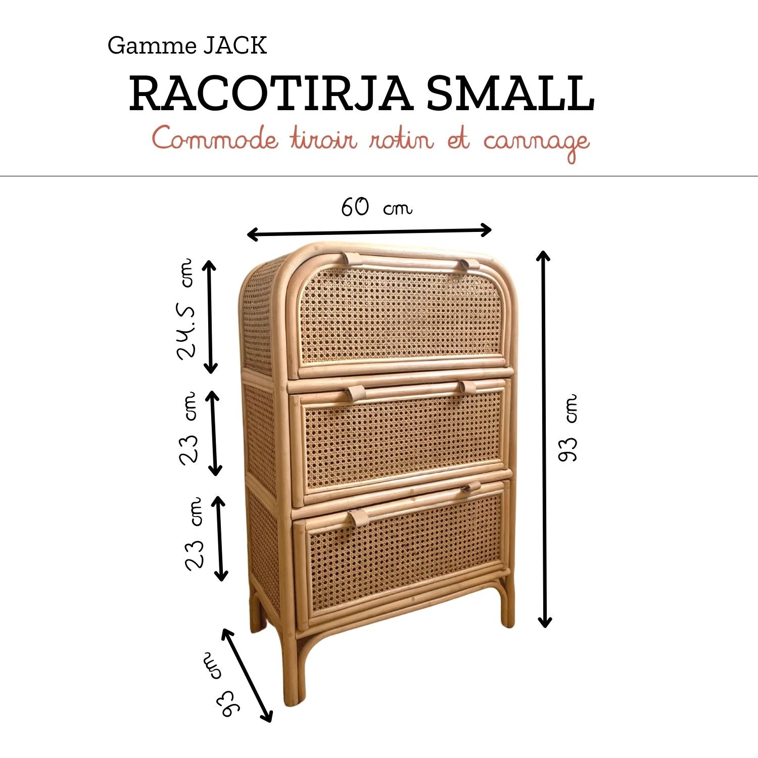 JACK - 3-drawer rattan and cane chest of drawers