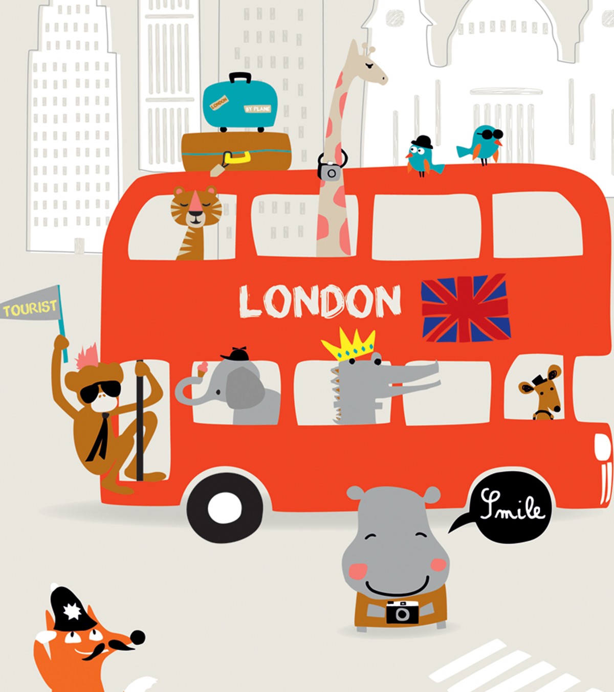 LONDON - Children's poster - London bus and animals