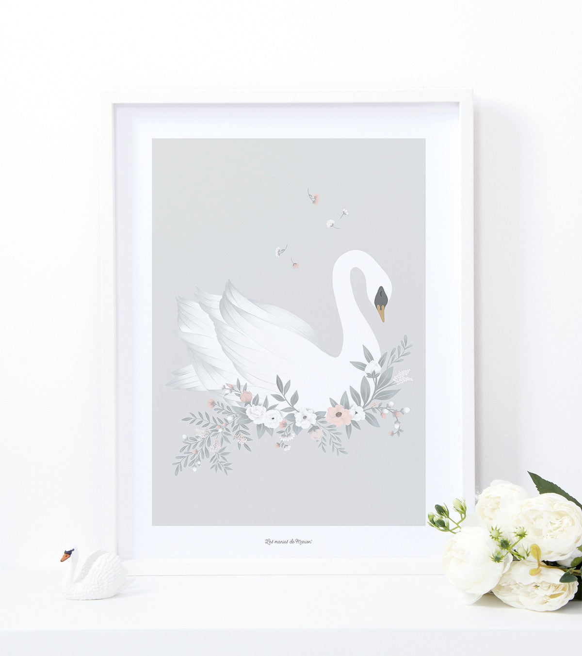 GRACE - Children's poster - Swan and flowers (grey background)