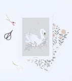 GRACE - Children's poster - Swan and flowers (grey background)