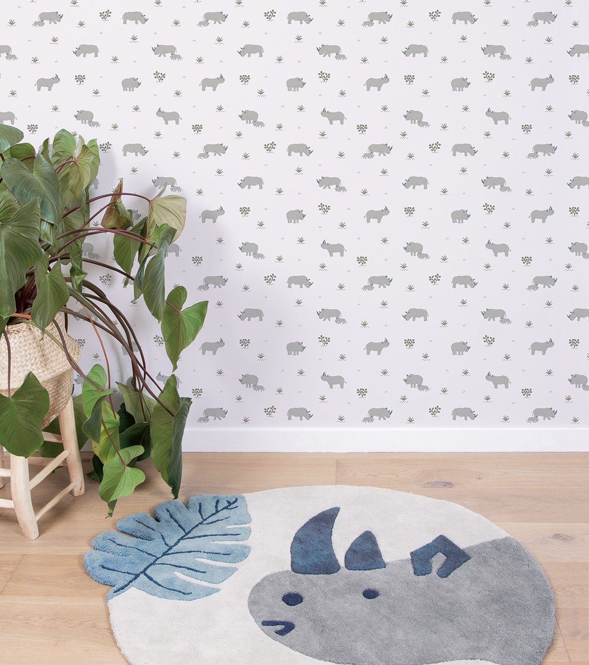 TANZANIA - Children's wallpaper - Rhinoceros motif grey background