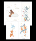 GENTLE FRIENDS - Set of 4 Art prints - Rabbit, bear, fox, hot-air balloons